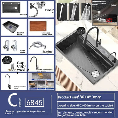 Gray Stainless Steel Kitchen Sink Large Single Slot Multifunctional Nano Honeycomb Embossed Wash Dish Basin Undermount Basin