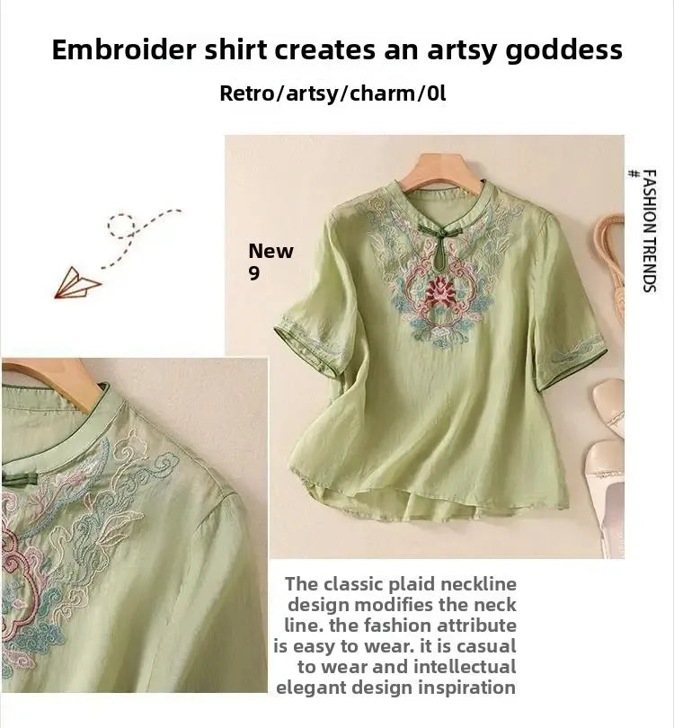 Retro Chinesischen Stil Lose Fit Baumwolle Leinen Kurzarm Shirt frauen Sommer Schwere Stickerei Abnehmen Top Flagge Kleid.