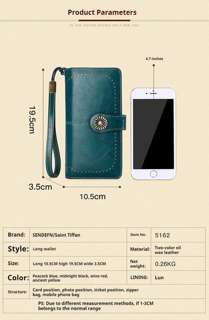 Vintage Large Capacity Women's Purse, Oil wax skin, Multi-card, Long Wallet, Multi-function Zipper Strap, Wrist Strap, New.