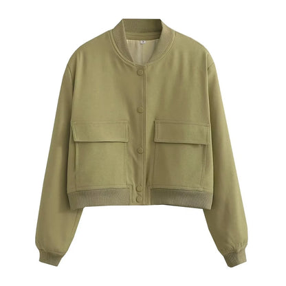 Women Fashion With Pockets Bomber Jacket Coats Vintage Long Sleeve Front Button Casual Female Outerwear Chic Tops.