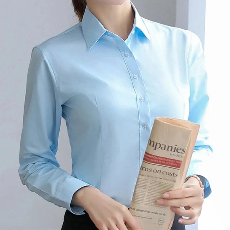 Elegant Women Shirts Woman White Shirt Long Sleeve Blouse Office Lady business Pink Shirts Button Solid Women work Blouses Tops.
