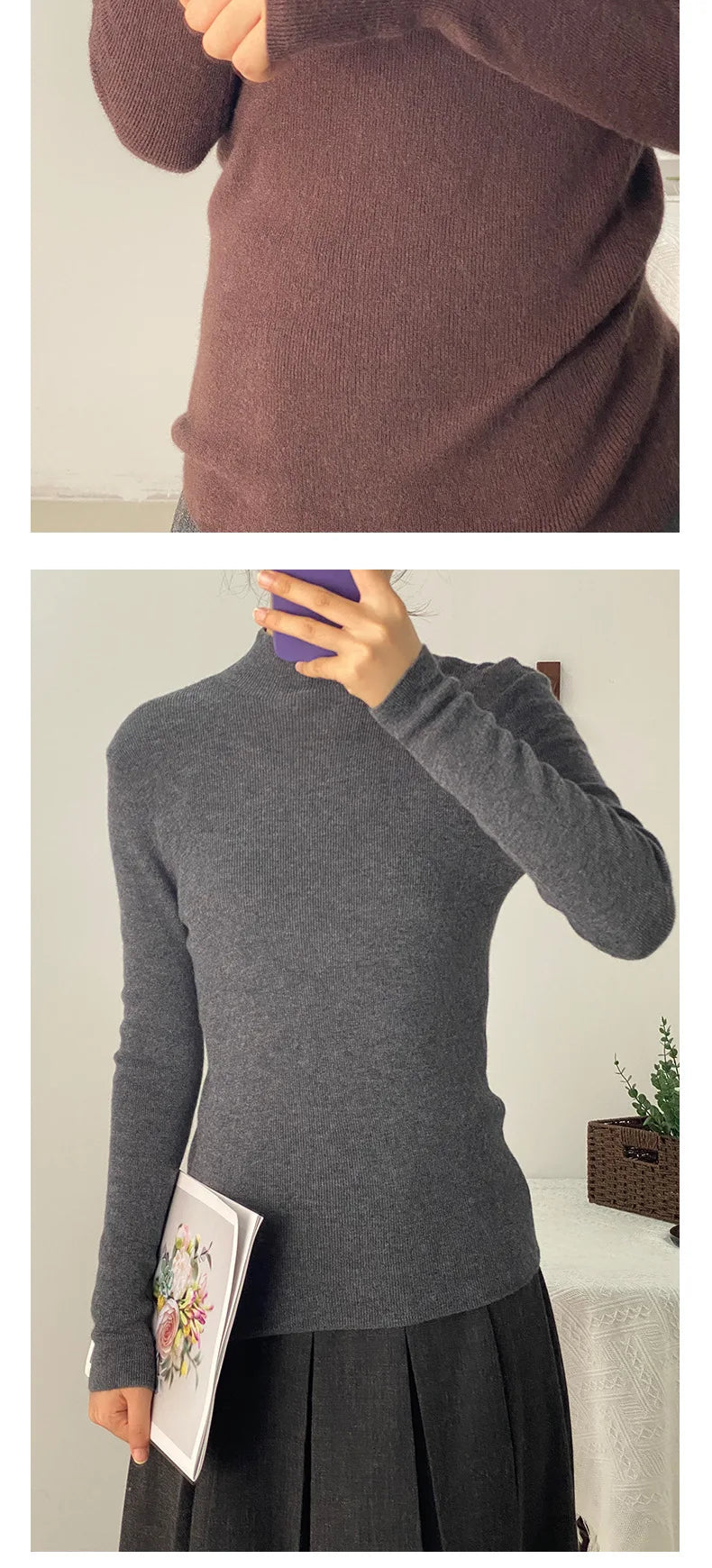 100% Ultra-fine Merino Wool Sweater Autumn and Winter Loose and Simple Semi-turtleneck Wool Bottoming Shirt Multi-color Sweater