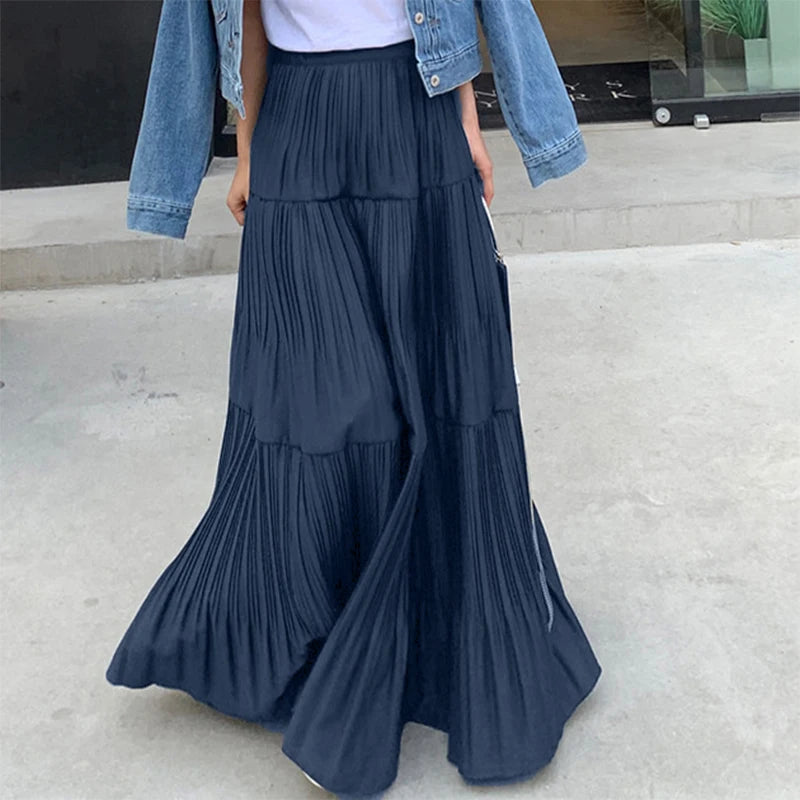 2025 ZANZEA Oversized Summer Maxi Skirts Women Elastic Waist Pleated Long Skirt Casual Solid Color High Waist Ruffled Skirts