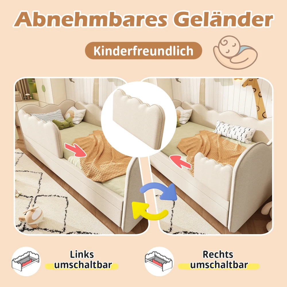 Gepolstertes Tagesbett 90x190cm, Tagesbett Schlafsofa mit ausziehbarem Bett 90x190cm, Kinderbett mit Gitter ohne Matratze