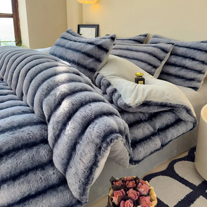 2024 new rabbit velvet milk velvet thickened rabbit fur warm four-piece set, 1.5m 1.8m bed sheet four-piece set
