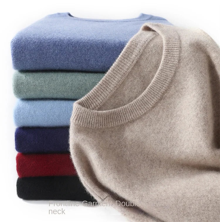 2025 100% Pure Merino Wool Men's Round Neck Pullover Solid Color Plus Size Casual Sweater Autumn And Winter Sports Cashmere Top.