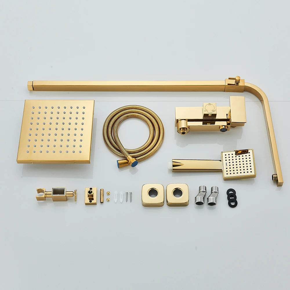 Golden Bathroom Shower Faucet Wall Mounted Rainfall Shower System Bathroom Rotate Bathtub Spout with Hand Shower