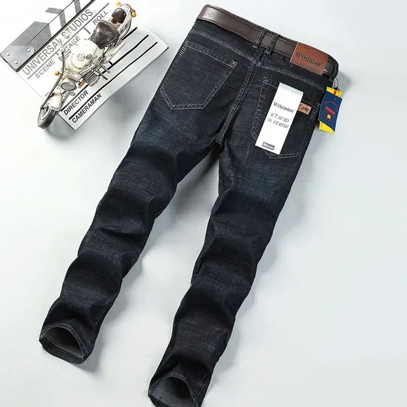 Men Fashion Stretch Jeans Male Classic Business Slim Fit Straight Leg Denim Trousers Solid Casual Long Pants.