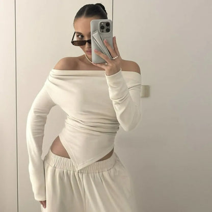 Autumn Winter Casual Pant Sets for Women Sexy Off The Shoulder Top and Long Pant Outfits Fashion Irregular Two Piece Set 2025.