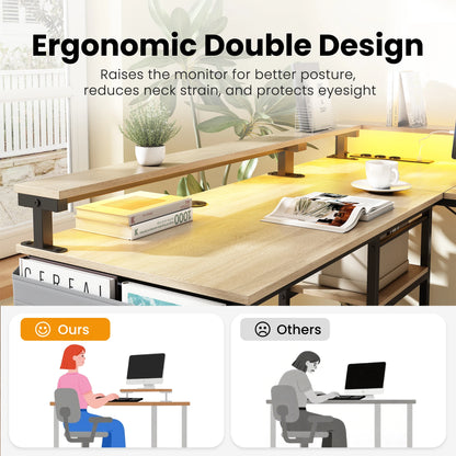 Eckschreibtisch mit Doppelablage L-förmig Computer Tisch mit Regal und Haken höhenverstellbar 140cm