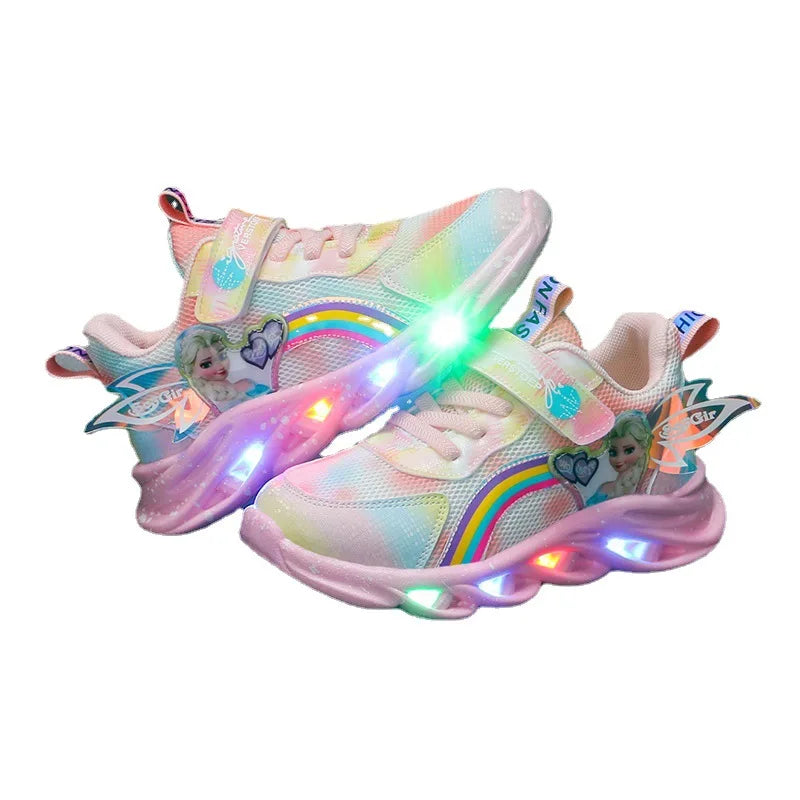 Disney Girls' Casual Shoes Led Lights Mesh Breathable Children's Sports  Princess Elsa Pink Purple Shoes Sneakers Size 22-37.