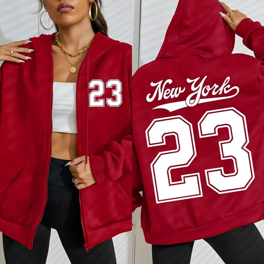 New York Number 23 Art Letter Printing Women Zipper Hoodie Fashion Hoodies Fleece Sportswears Autumn Casual Female Hoody.