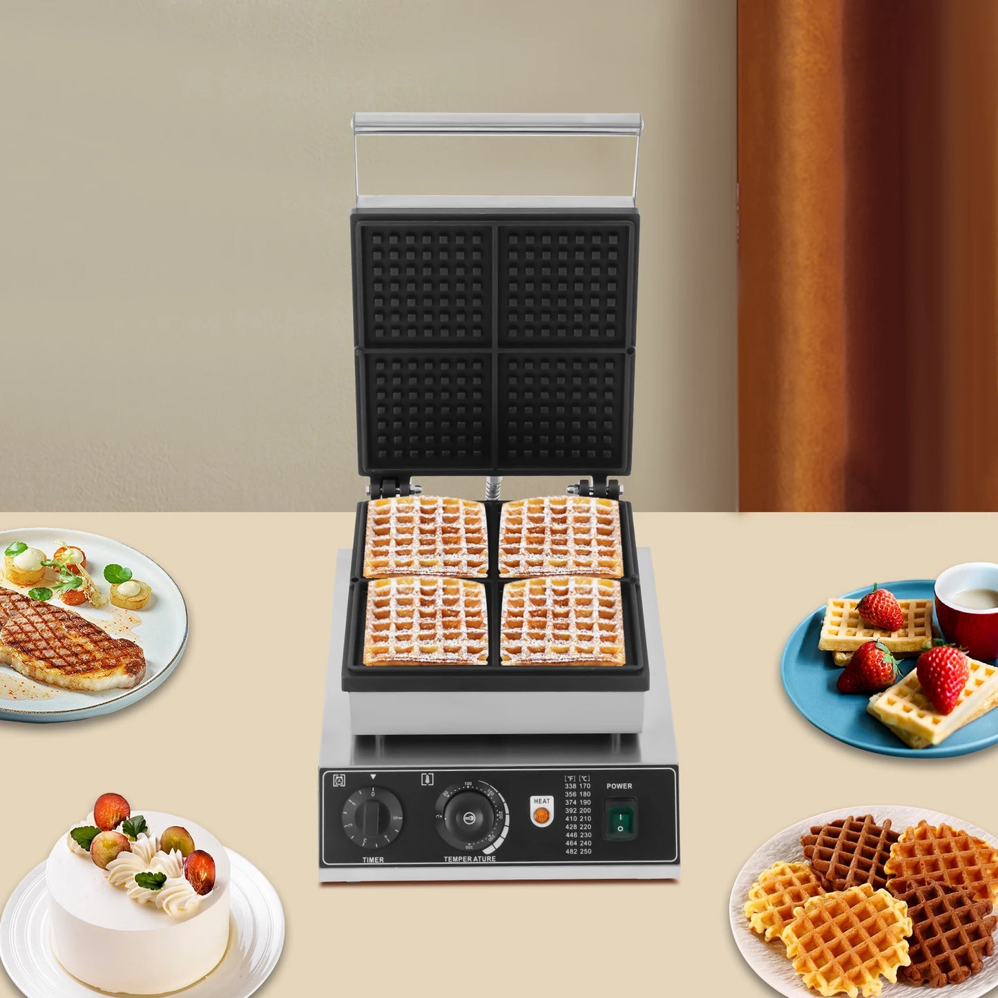 1750W Electric Waffle Maker 4 Grids Waffle Making Machine for Making Waffles Home Kitchens Commercial 50-300℃.