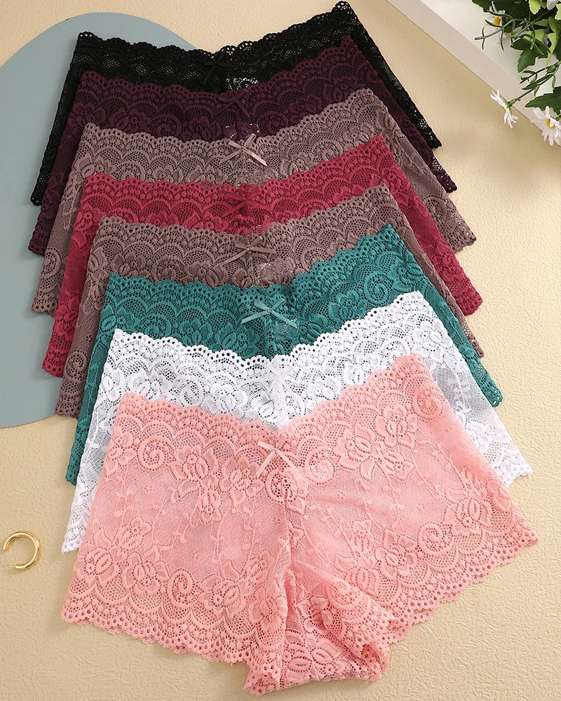 8Pcs/Set Sexy Lace Floral Boyshorts Underwear for Women Sexy Hollow Out Solid Panties Female Low-Waist Breathable Girls Lingerie