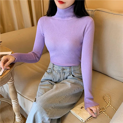 2023 herbst Winter Frauen Langarm Gestrickte Foldover Rollkragen Rippen Pull Pullover Weiche Warme Femme Jumper Pullover Kleidung