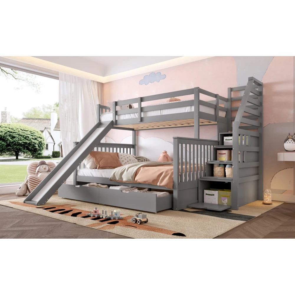Etagenbett 90 x 200 über 140 x 200 mit Schubladen, Stauraum und Rutsche, multifunktional, Grau (ohne Matratze)