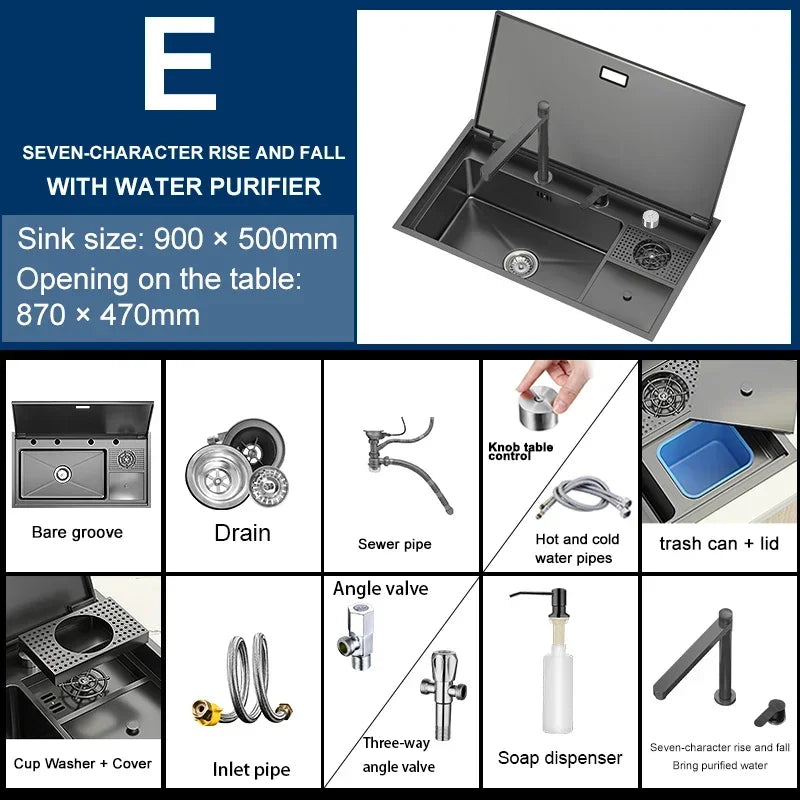 Hidden Cup Washer Sink With Cover Kitchen Sink Stainless Steel Washbasin Multifunctional Large Single Slot For Kitchen