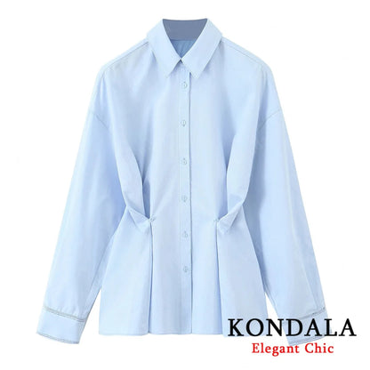 KONDALA Fall Women Elegant Blue Shirt Lapel Waist Buttons Shirt Office Lady Tops New 2025 Spring Autumn Fashion Commuter Shirt.
