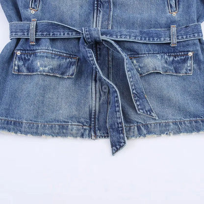 HH Women Denim Pant Sets Turn-Down Collar Long Sleeves Belt Autumn Coats+Pockets Loose High Waist Zipper Hemming Trousers.