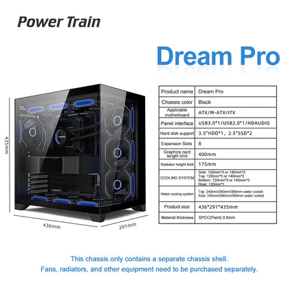 Power Train Dream PRO Seaview Room Chassis ATX Desktop MATX Glass Side Transparent 360 Water Cooled Game Console Computer Case