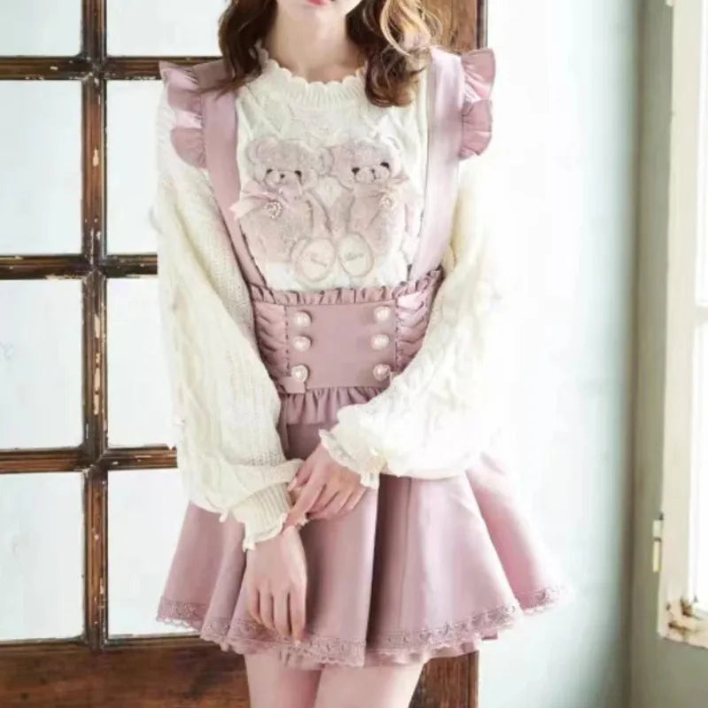 Japanese Gothic Lolita Ribbon Short Suspender plaid Skirt Girls Sweet Cute Lace A-Line Mini Skirts summer2025 black solid kawaii.