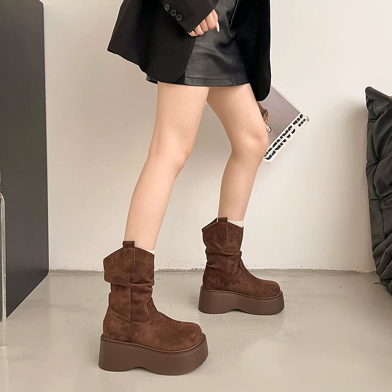 Chunky Platform Thick Sole Woman Ankle Boots Design Round Toe Slip On Shoes  2025 Autumn Winter Short Botas Para Mujer.