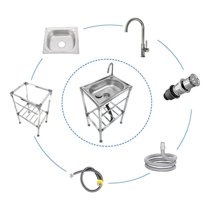 Freistehendes Küchenspülbecken aus Edelstahl mit Kaltwasserhahn – Einzelschüssel-Design, geeignet für Camping, Gärten, Wäsche.