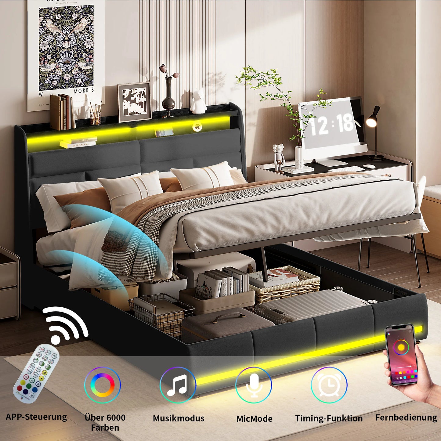 Lazyspace hydraulische Doppelbetten, modernes PU-Bettgestell mit Stauraum, gepolsterte Betten mit LED-Leuchten, Schlafzimmermöbel für Zuhause