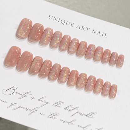 24Pcs Medium Short Square False Nails Glittering Nail Art White Wearable Fake Nail Silver French Full Cover Press on Nail Tips