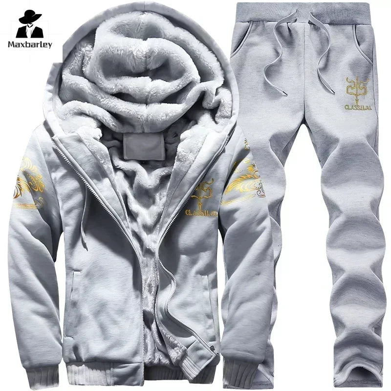 2024 New Winter Thick Men Sports Suit Tracksuit Hooded Sportswear Zipper Cardigan Hooded Woolen Trousers Pants Casual Men Set.