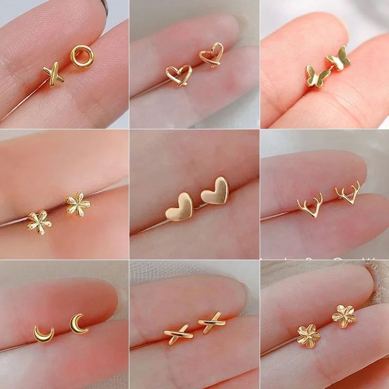 silver-plate Gold Color Mini Small Butterfly Heart Stud Earring For Women Cartilage Helix Tragus Ear Piercing Jewelry Gift.