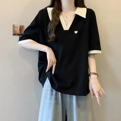 Plus Size Slimming Embroidered Polo Shirt plus Size American Style Base Layer T-Shirt College Fashion Anti-Aging Big MM Cotto....