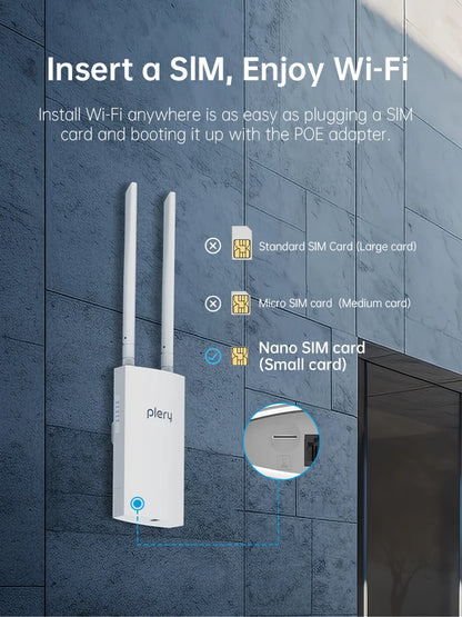 Plery IP66 CAT4 AX300 4G Router WiFi6 Outdoor Router For IP Camera/CPE 300Mbps Global LTE Router POE/DC Power 2*5dBi Antennas.