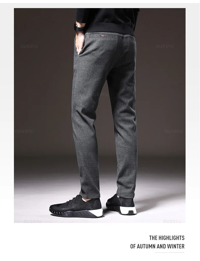 Autumn Winter Men's Brushed Fabric Casual Pants Business Fashion Slim Fit Stretch Thick Gray Blue Black Cotton Trousers Male.