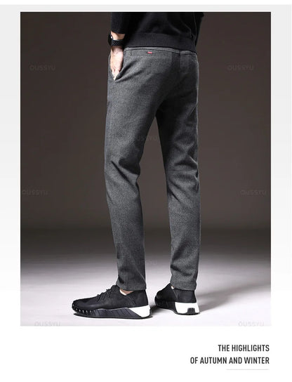 Autumn Winter Men's Brushed Fabric Casual Pants Business Fashion Slim Fit Stretch Thick Gray Blue Black Cotton Trousers Male.
