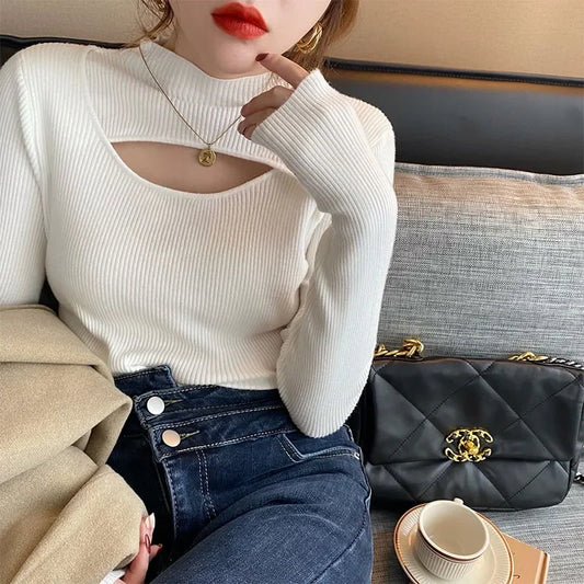 Herbst Winter Gestricktes Hemd Frauen Pullover Stricken Pullover Tops Mode Weibliche Lange Hülse Dünne Elastische Dünne Pullover Shirts