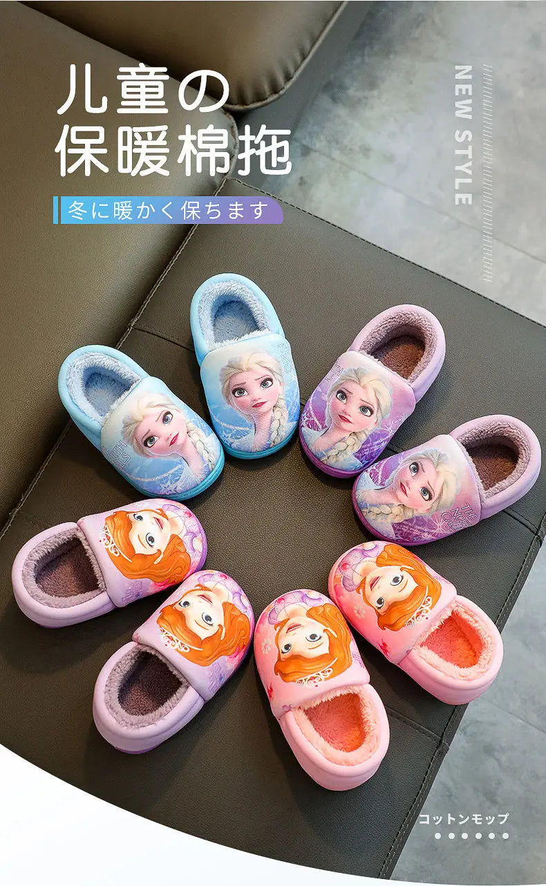Disney Princess Elsa Winter Children's Heel Cotton Slippers Girls' Warm Frozen Kids' Cotton Black Purple Flats Shoes Size 24-40.