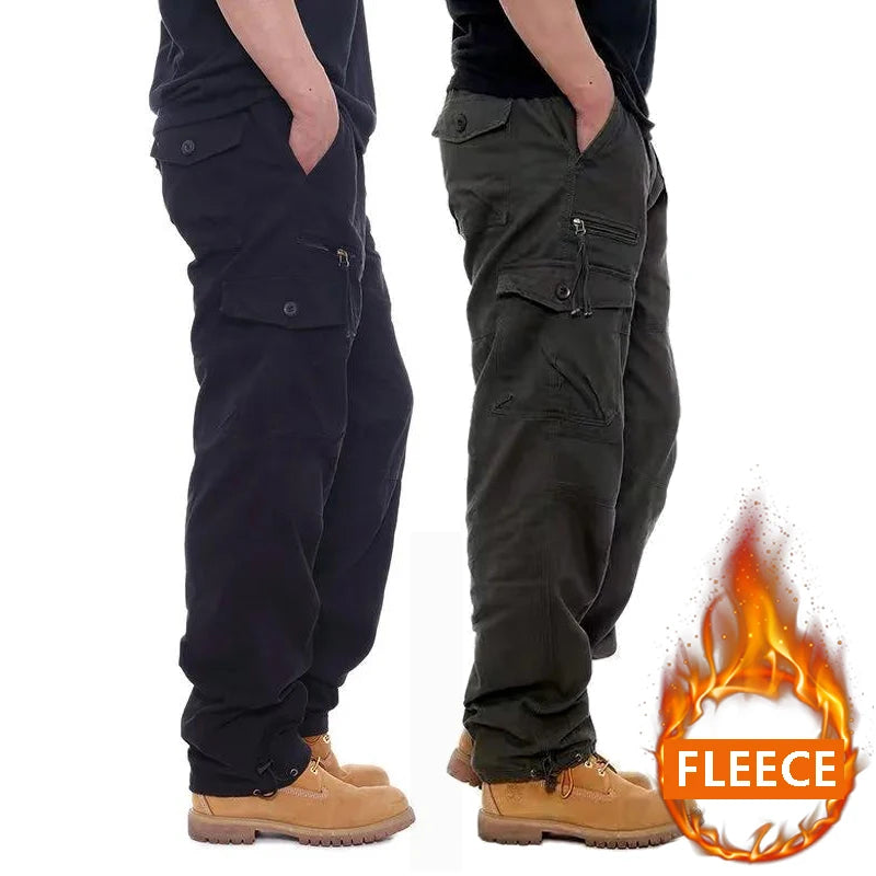 Autumn Winter Mens Cargo Pants Fleece Warm Trousers Cotton Pants Insulated Hiking Running Pants Man Multiple Pockets.