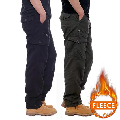 Autumn Winter Mens Cargo Pants Fleece Warm Trousers Cotton Pants Insulated Hiking Running Pants Man Multiple Pockets.