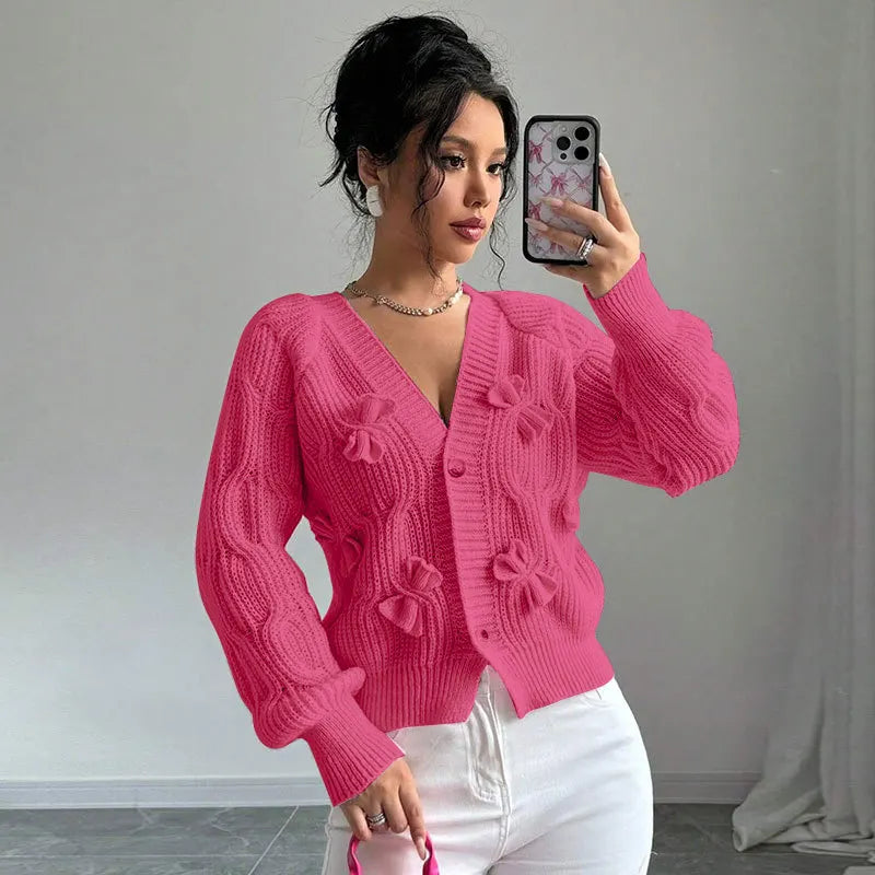 2025 Autumn And Winter Solid Color Long-sleeved Bow Knit Cardigan Jacket New Women's Elegant V-neck Button Versatile Sweater Top.
