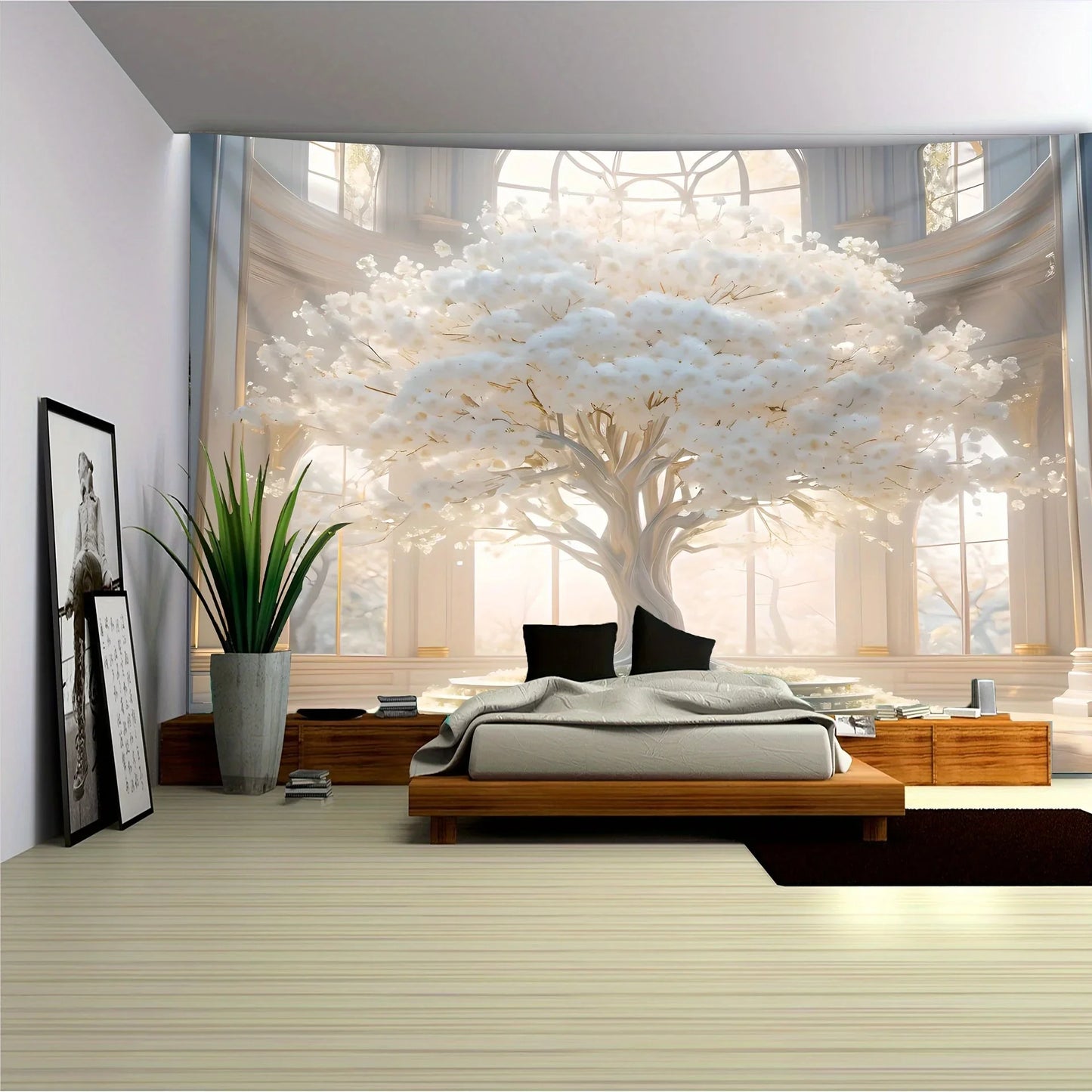 Large Romantic White Tree of Life Tapestry Anti Wrinkle and Fade Resistant Wall Hanging For Dormitory Elegant Home Decor.