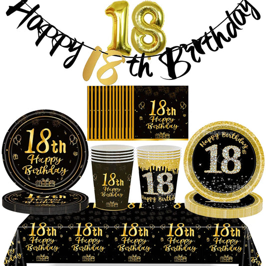 Dekore zum 18. Geburtstag für Jungen und Mädchen, Schwarz-Gold, Party-Banner, Ballon-Tischdecke, Teller, Tasse, Serviette, Partyzubehör zum 18. Geburtstag.