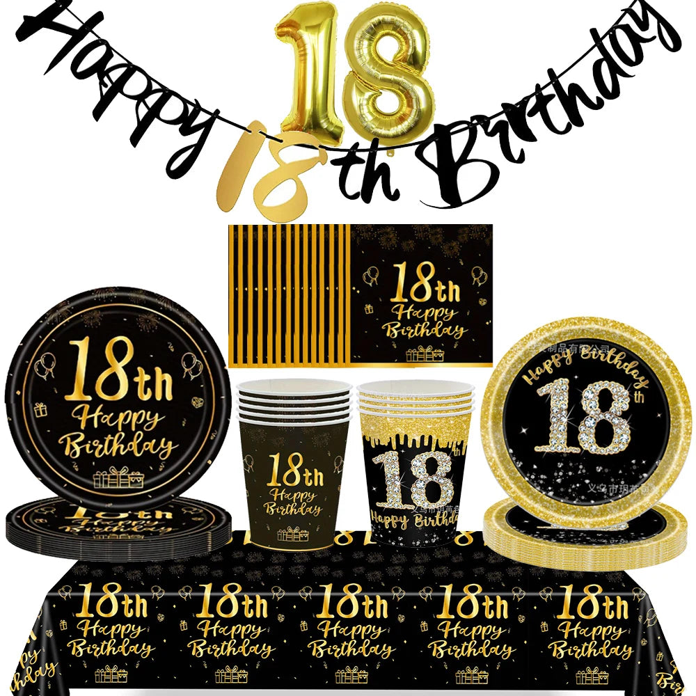 Dekore zum 18. Geburtstag für Jungen und Mädchen, Schwarz-Gold, Party-Banner, Ballon-Tischdecke, Teller, Tasse, Serviette, Partyzubehör zum 18. Geburtstag.
