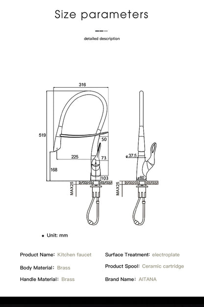 Moderner Luxus-Küchenarmatur aus schwarzem Messing, ausziehbares magnetisches Saugdesign, Einhebelmischer für heißes und kaltes Wasser mit 2 Funktionen