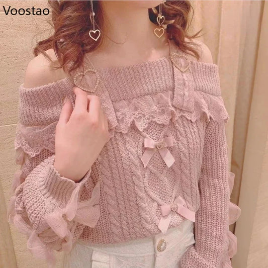 Vintage Sweet Lolita Style Knitted Pullover Autumn Girls Cute Off Shoulder Lace Ruffles Bow Sweater Women Harajuku Knitwear Tops.