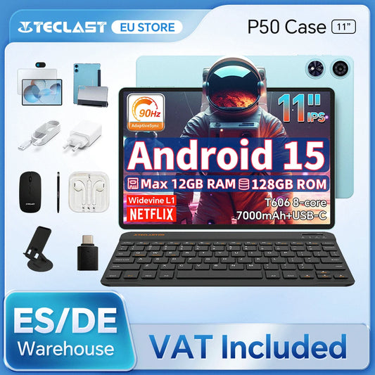 Teclast Tablet P50 Case Android 15 11" T606 8-Core Max 12GB RAM 128GB ROM P50 Case/Keyboard/Mouse/Stylus/Headphone/Stand.