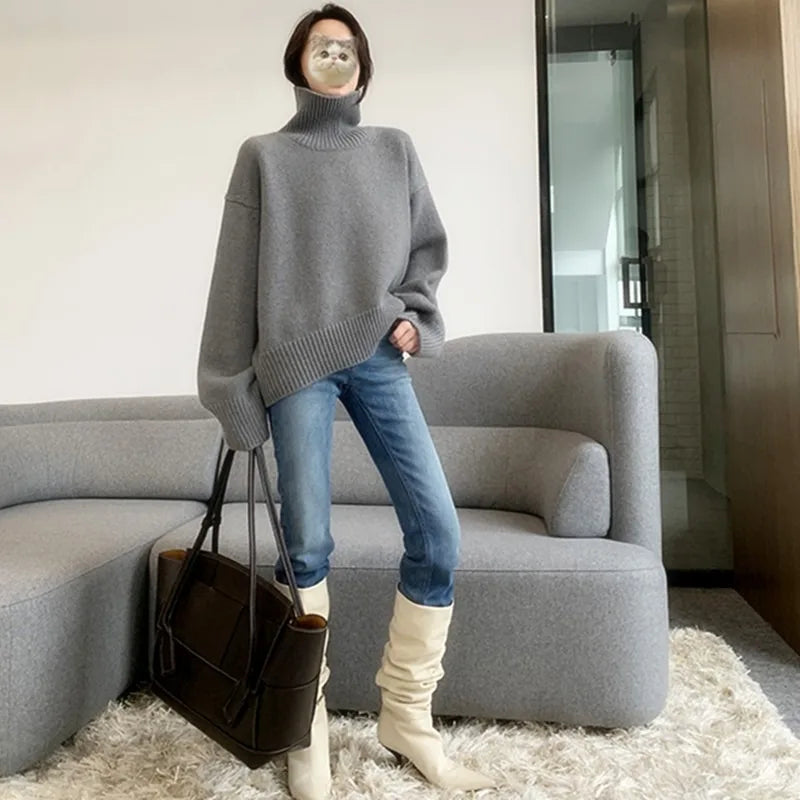 2023 Autumn and Winter New Thick  Sweater Women High Neck Pullover Sweater Warm Loose Knitted Base Sweater Jacket Tops.