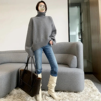 2023 Autumn and Winter New Thick  Sweater Women High Neck Pullover Sweater Warm Loose Knitted Base Sweater Jacket Tops.