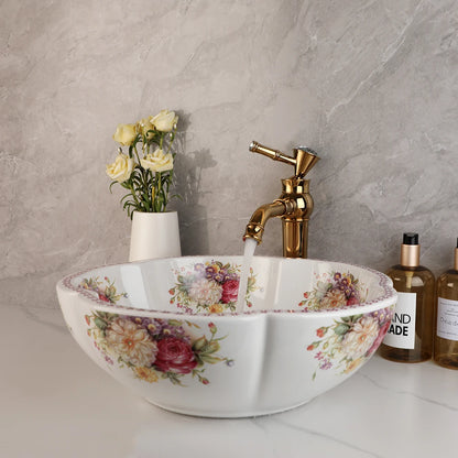 Kemaidi Keramik Bad Bar Waschtisch Waschbecken Wasserhahn Combo Blumen stil weiß über Theke Schüssel mit goldenen Mixer Wasserhähnen