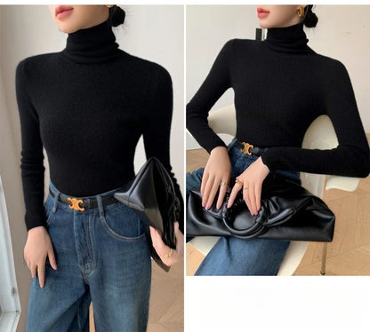 2025 herbst Winter Rollkragen Warme Jumper Lässig Feste Dünne Strickjacke Frauen Langarm Gestrickte Pullover Einfache Basis Schicht Top